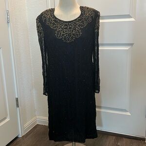 💎Vintage Eves Allure Cocktail Dress Beaded Sequins Black Antique Gold silk M